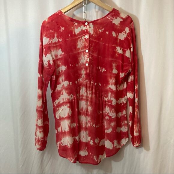 Red Haute 100% Silk Red and White Tie Dye Long Sleeve Button Back Blouse Top - Picture 7 of 8